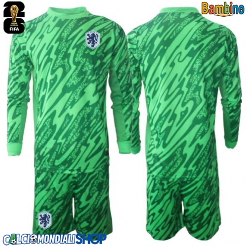 Maglie da calcio Paesi Bassi Portiere Seconda Maglia Bambino Mondiali 2026  Manica Lunga + Pantaloni corti)